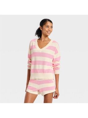 JoyLab Striped Pink & Cream V-Neck Sweater